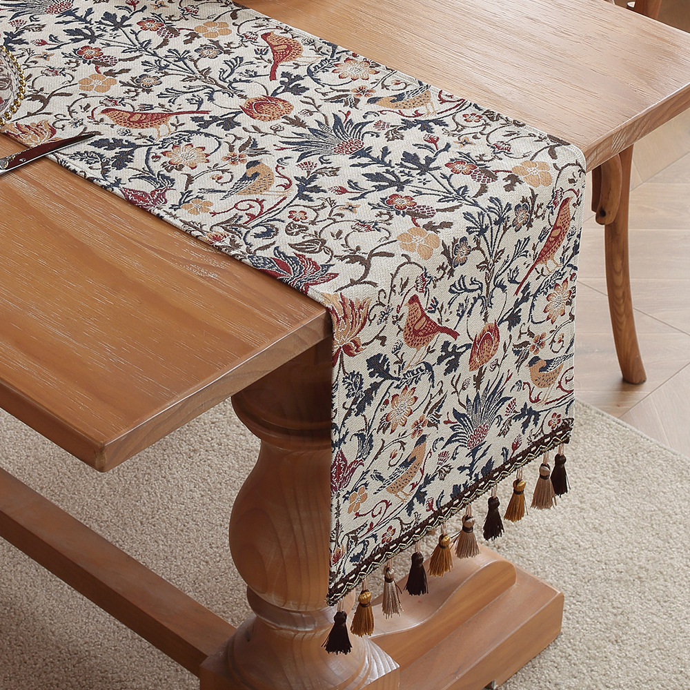 V888-ELOSUNG33281-202506190719-00 Jacquard Magpie American Retro Jacquard Embroidered Table Runner - Light Luxury Table Mat 30cm x 180cm with Tassels - Image 1