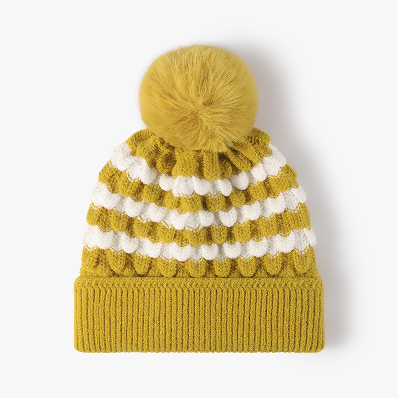 V888-ELOSUNG33303-202506190622-00 2-PCS Yellow Stylish Two-Tone Pom-Pom Ear Warmer Knit Hat - Lined for Women - Image 1