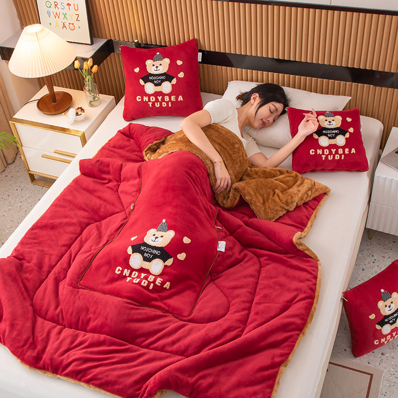 V888-ELOSUNG33335-202506191326-00 Wine Red Padded Thickened Hat Bear 2-in-1 Foldable Car Pillow Blanket - Cozy 40x40cm Pillow, Unfolds to 100x150cm Blanket for Travel and Office Naps - Image 1