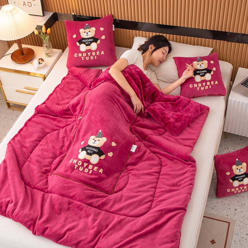 V888-ELOSUNG33336-202506191326-00 Rose Red Padded Thickened Hat Bear 2-in-1 Foldable Car Pillow Blanket - Cozy 40x40cm Pillow, Unfolds to 100x150cm Blanket for Travel and Office Naps - Image 1