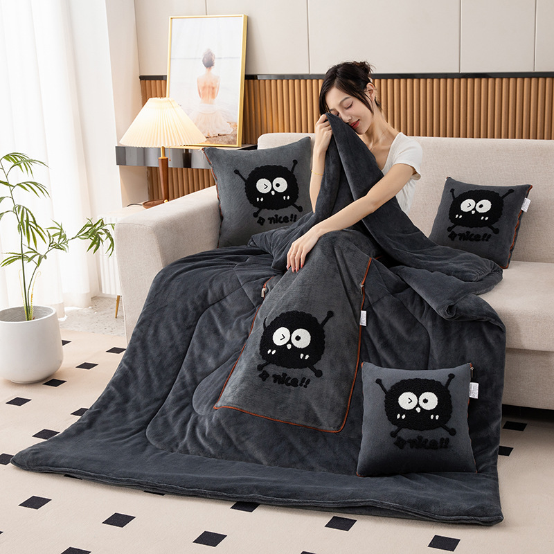 V888-ELOSUNG33403-202506191052-00 Dark Grey Padded and Thickened Elf 2-in-1 Foldable Car Pillow Blanket - Cozy 40x40cm Pillow, Unfolds to 100x150cm Blanket for Travel and Office Naps - Image 1