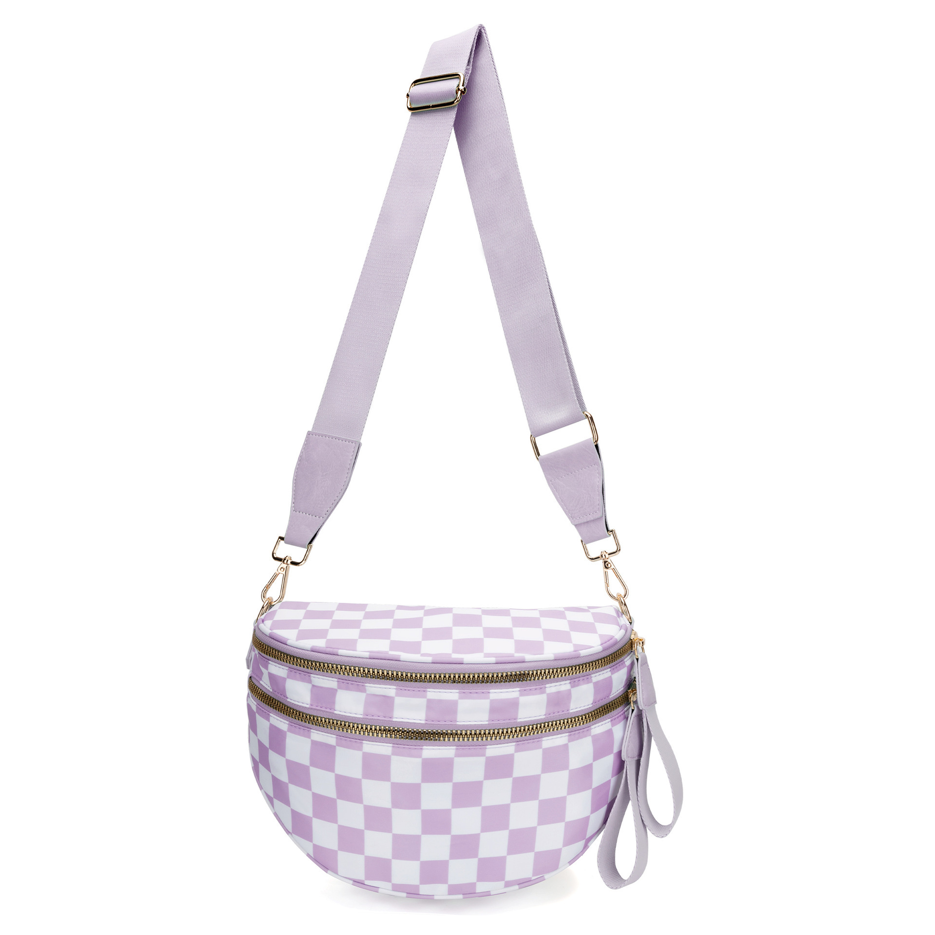 V888-ELOSUNG33408-202506191132-00 Light Purple Checkered Trendy Sling Bag - Women's Crescent Crossbody Purse with Wide Adjustable Strap - Image 1