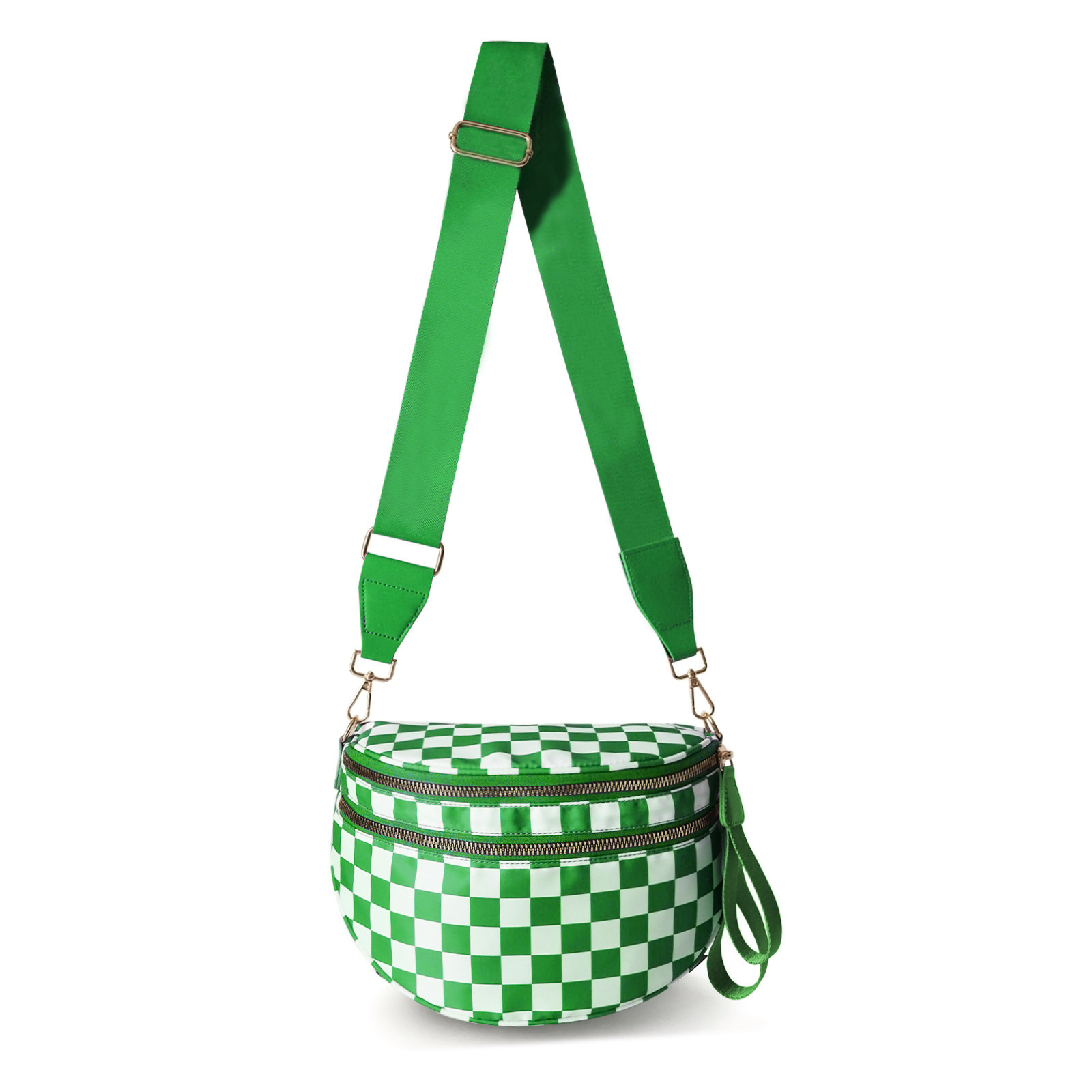 V888-ELOSUNG33411-202506191135-00 Green Checkered Trendy Sling Bag - Women's Crescent Crossbody Purse with Wide Adjustable Strap - Image 1