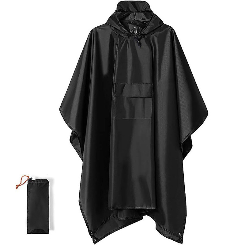 V888-ELOSUNG33425-202506241007-00 Black 3-in-1 Waterproof Rain Poncho - Lightweight Hooded Raincoat, Ground Tarp & Emergency Shelter for Hiking, Camping, and Outdoor Survival - Image 1