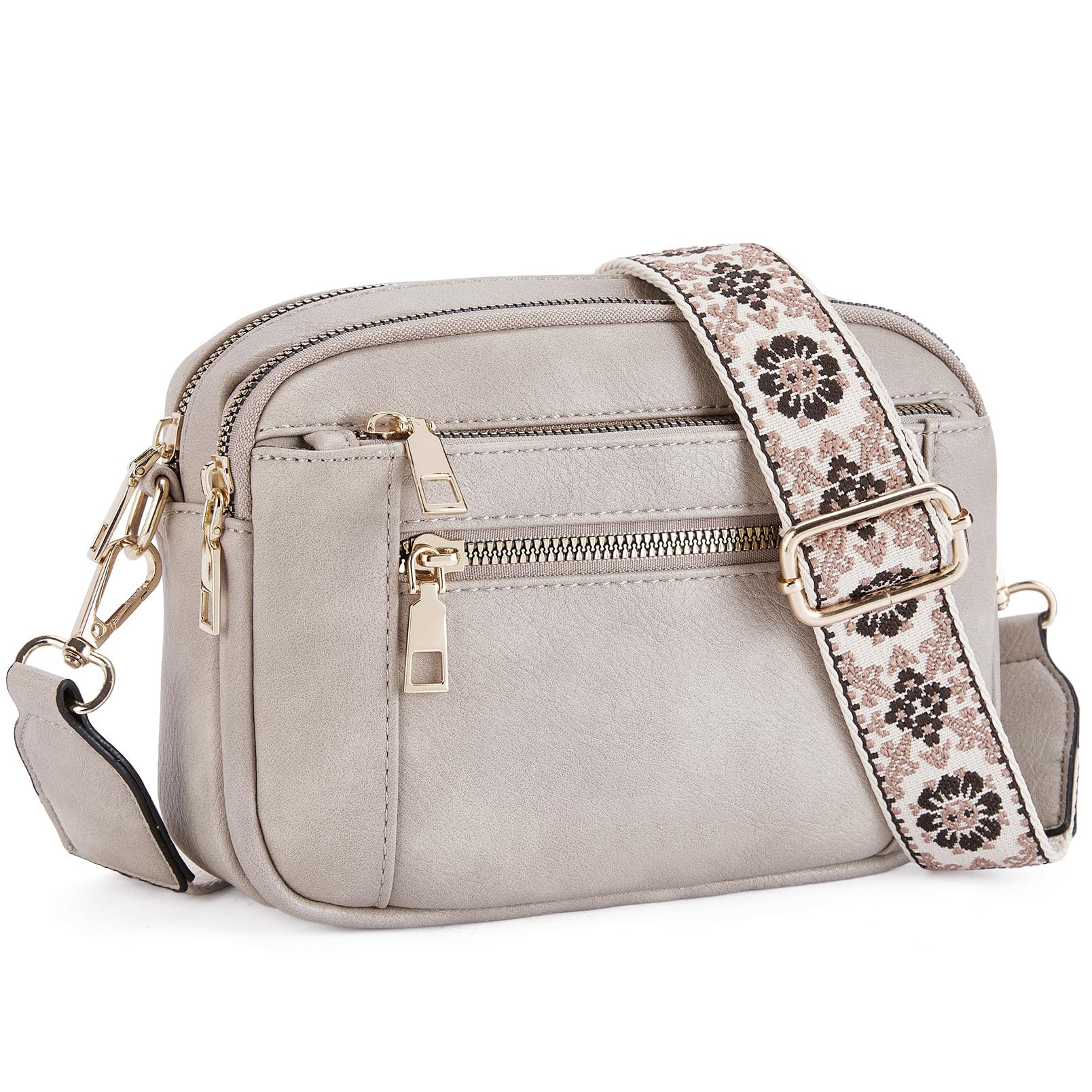 V888-ELOSUNG33513-202506251008-00 Double Zipper Grey Chic Quilted Crossbody Bag - Vintage PU Leather Shoulder Purse with Adjustable Strap - Image 1