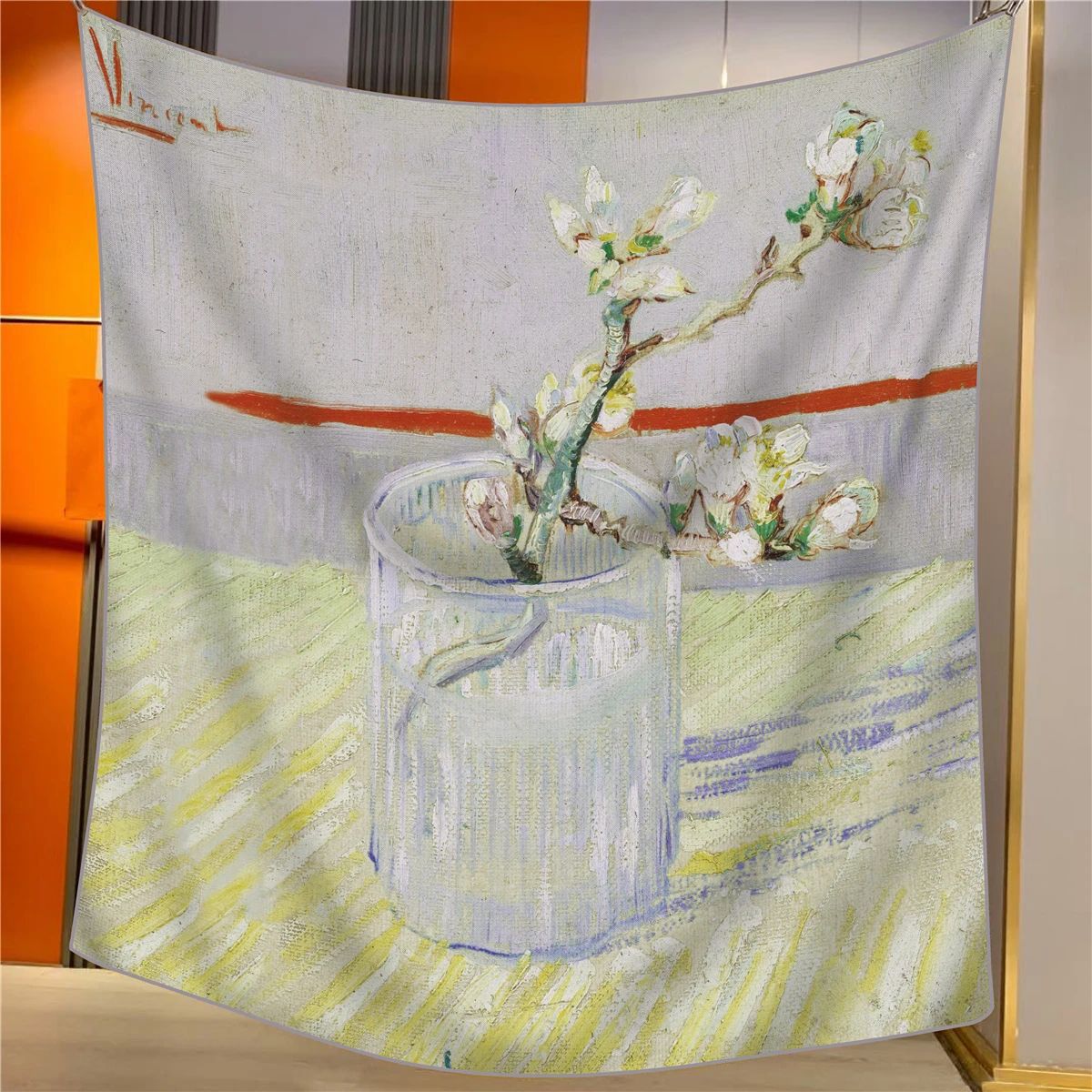 V888-ELOSUNG33549-202506301020-00 A Cup of Sprigs Elegant Artistry Shawl - Large 130cm Square Scarf with Oil Painting Print & Hand-Rolled Hem - Image 1