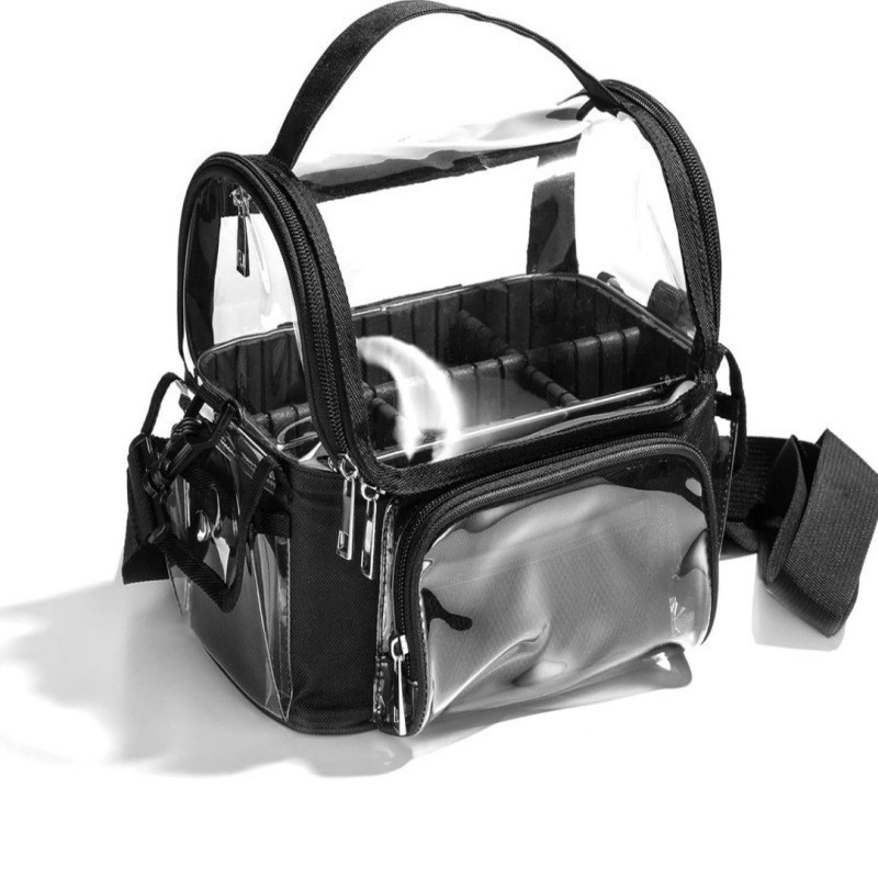 V888-ELOSUNG34130-202506101835-00 Black Professional Clear Makeup Case - Portable PVC Cosmetic Organizer with Adjustable Dividers & Shoulder Strap - Image 1