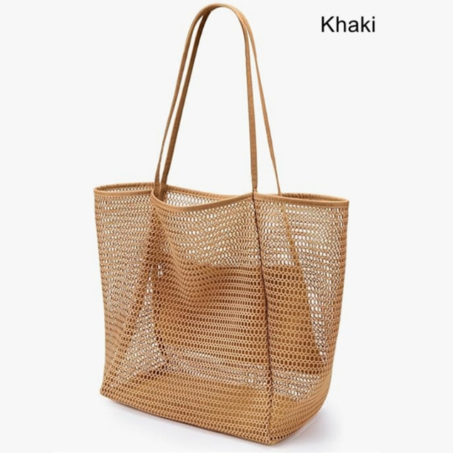 V888-ELOSUNG34136-202506101838-00 Khaki Large Mesh Beach Tote Bag - Lightweight & Foldable Shoulder Bag with Secure Zipper Pocket - Image 1