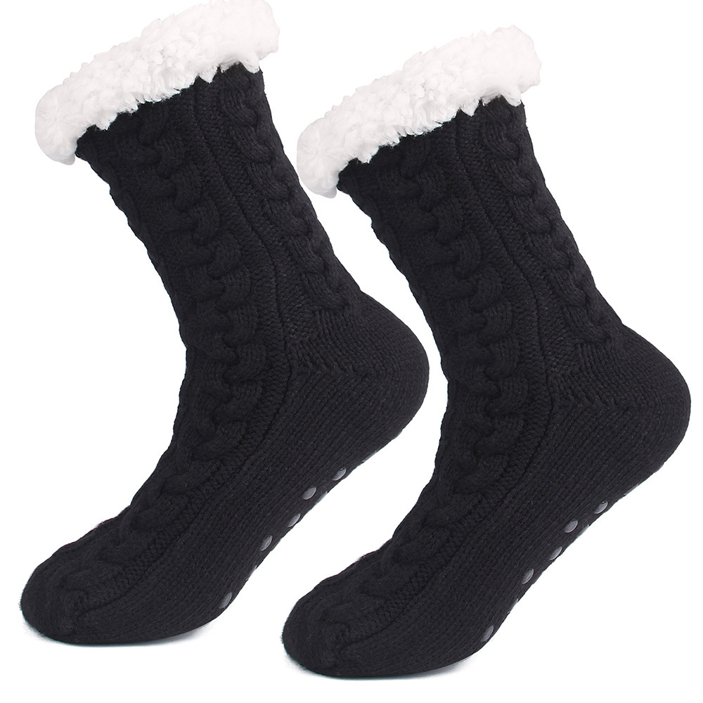 V888-ELOSUNG34170-202506191027-00 Black Women's Fuzzy Slipper Socks - Warm Fleece Lined Thermal Cable Knit Socks with Non-Slip Grips - Image 1
