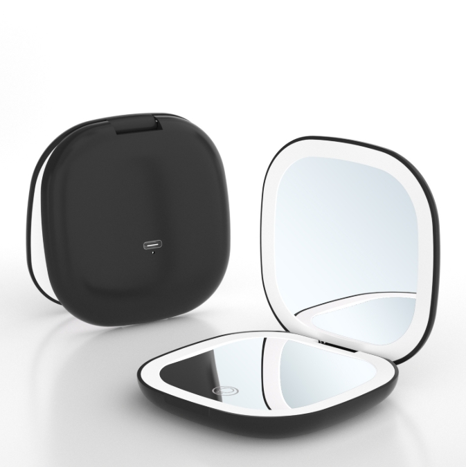 V888-ELOSUNG34197-202506191133-00 2-piece Black Portable LED Makeup Mirror - Rechargeable Compact with 3-Color Lights & 5x Magnification - Image 1