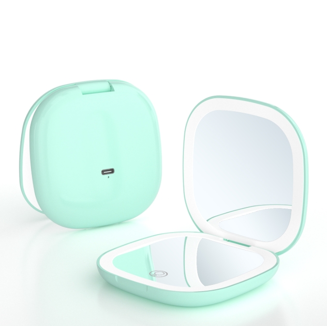 V888-ELOSUNG34198-202506191135-00 2-piece Green Portable LED Makeup Mirror - Rechargeable Compact with 3-Color Lights & 5x Magnification - Image 1