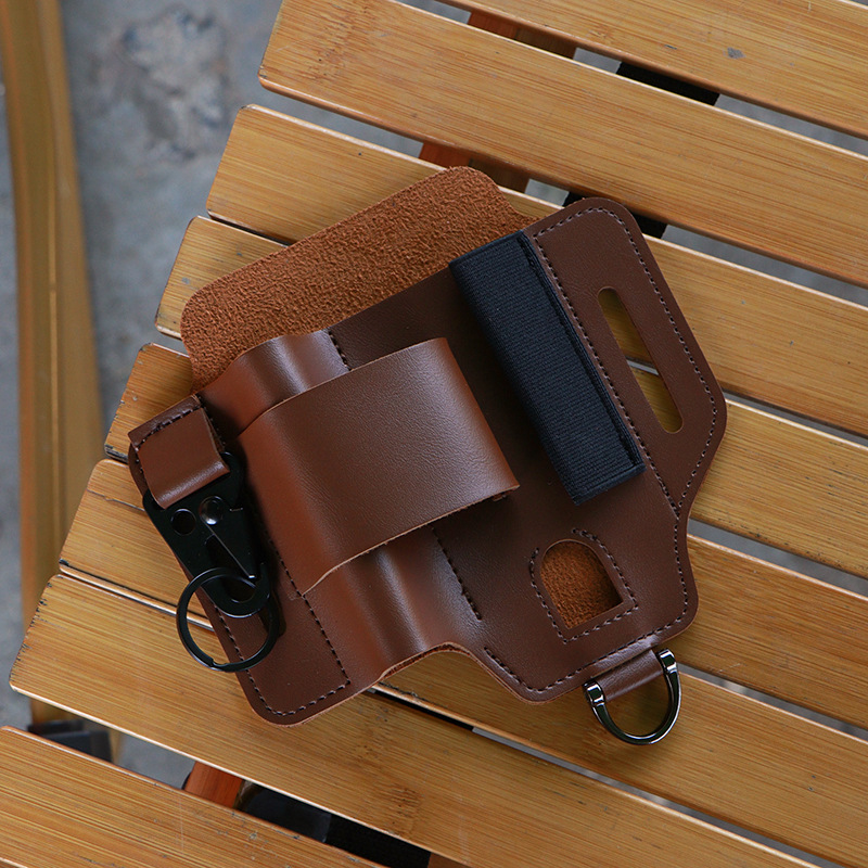 V888-ELOSUNG34237-202506241123-00 2-piece Brown Outdoor EDC Tactical Tool Waist Bag - Multi-Functional Belt Storage Pouch with Flashlight, Copper Sleeve, and Survival Knife Holder - Image 1