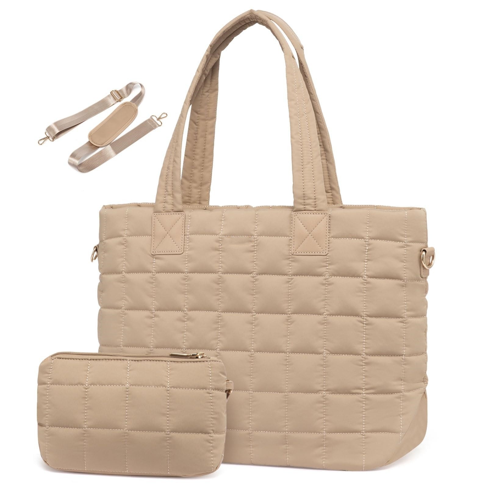 V888-ELOSUNG34272-202506250938-00 Khaki New Large Capacity Tote Bag - Fashionable Quilted Women's Shoulder Bag and Laptop Bag - Image 1
