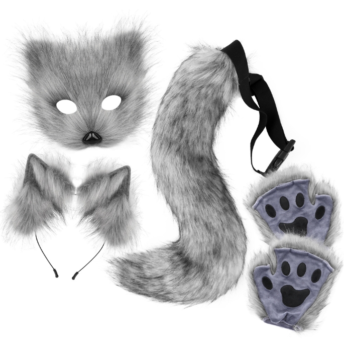 V888-ELOSUNG34299-202506301025-00 Dark grey Halloween Furry Fox Costume Set - Plush Mask, Ears Headband, Tail, and Paws for Cosplay - Image 1