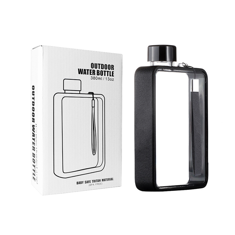 V888-ELOSUNG35123-202506241038-00 Slim Tritan Flat Water Bottle - 380ml BPA-Free, Leakproof with Leather-Textured Sleeve & Strap(Black) - Image 1