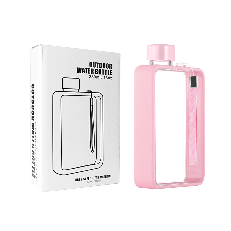 V888-ELOSUNG35126-202506241016-00 Slim Tritan Flat Water Bottle - 380ml BPA-Free, Leakproof with Leather-Textured Sleeve & Strap(pink) - Image 1