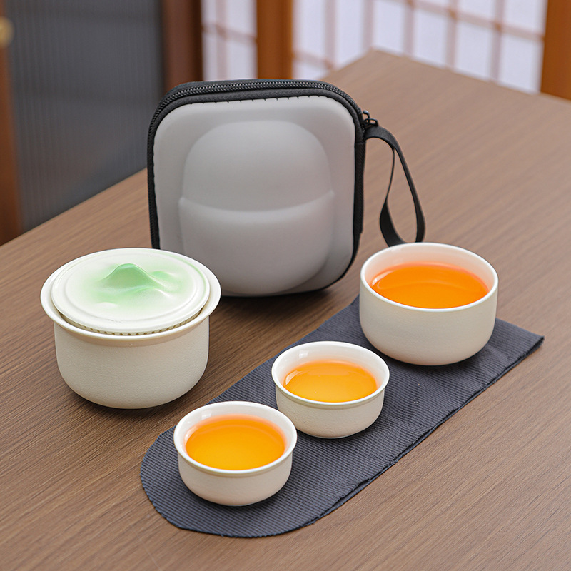 V888-ELOSUNG35178-202506241043-00 Portable Ceramic Tea Set for Travel - Quick Gaiwan with 3 Cups & Carrying Case(White) - Image 1