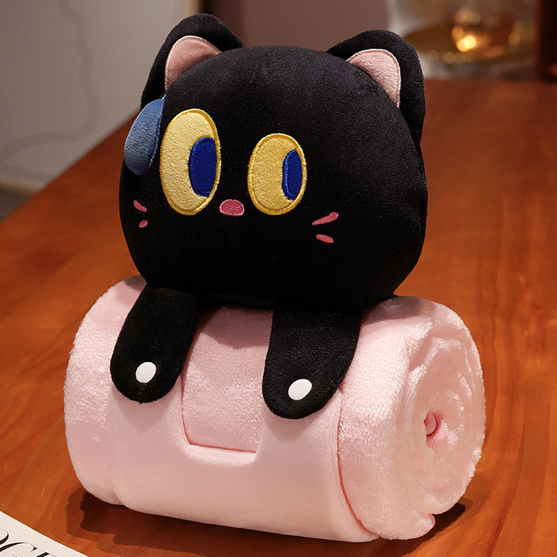 V888-ELOSUNG35302-202506250937-00 Plush 2-in-1 Pillow Blanket - Adorable Design for Cozy Comfort(Black Cat) - Image 1