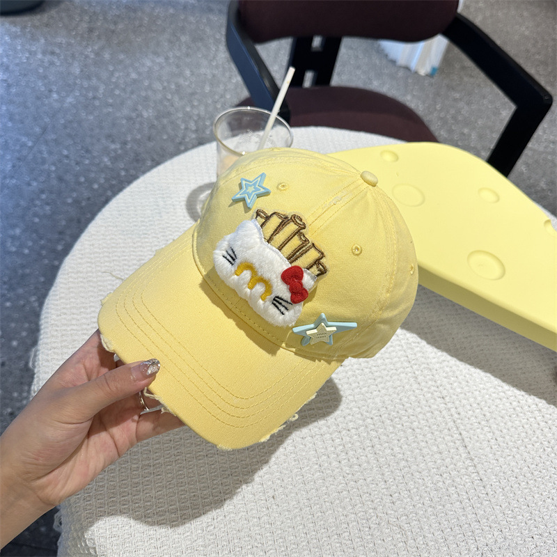 V888-ELOSUNG35374-202506301045-00 Adorable Cartoon Cat & Stars Baseball Cap - 100% Cotton, Adjustable Fit, Sun Protection(yellow) - Image 1