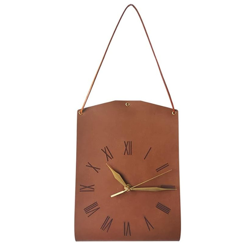 V888-ELOSUNG35400-202506301016-00 Retro PU Leather Hanging Wall Clock - Silent Sweep Movement, Roman Numerals, Decorative Handbag Style(Dark Brown) - Image 1
