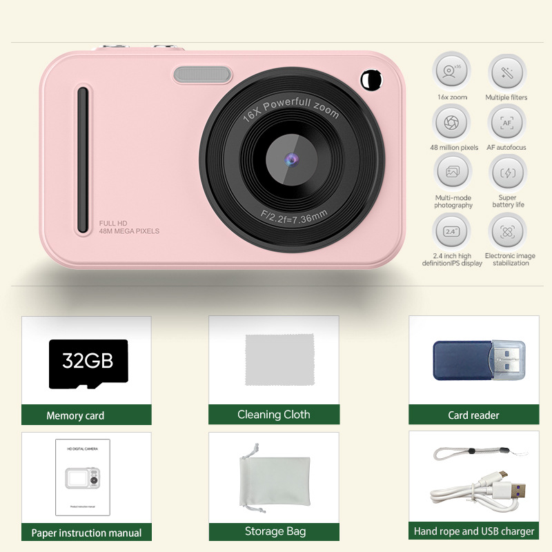 V888-ELOSUNG35545-202507021040-00 48MP Digital Camera with 16x Zoom & AF Autofocus - Full HD Vlogging Camera for Beginners & Kids(Pink) - Image 1