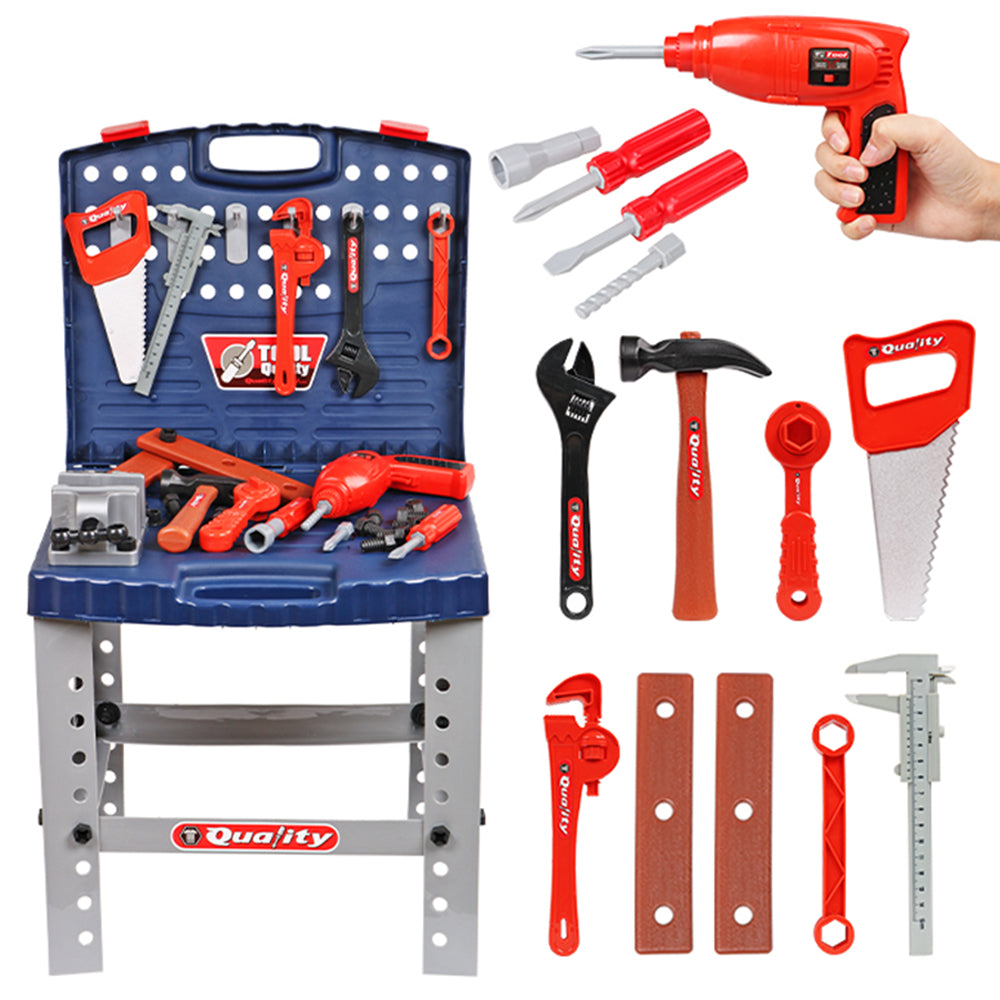 V891-TOY-TOOL-X1-208921-00 Tool Box Work Bench With Battery Operated Drill Set kids Pretend Play Toy 55pcs - Image 1
