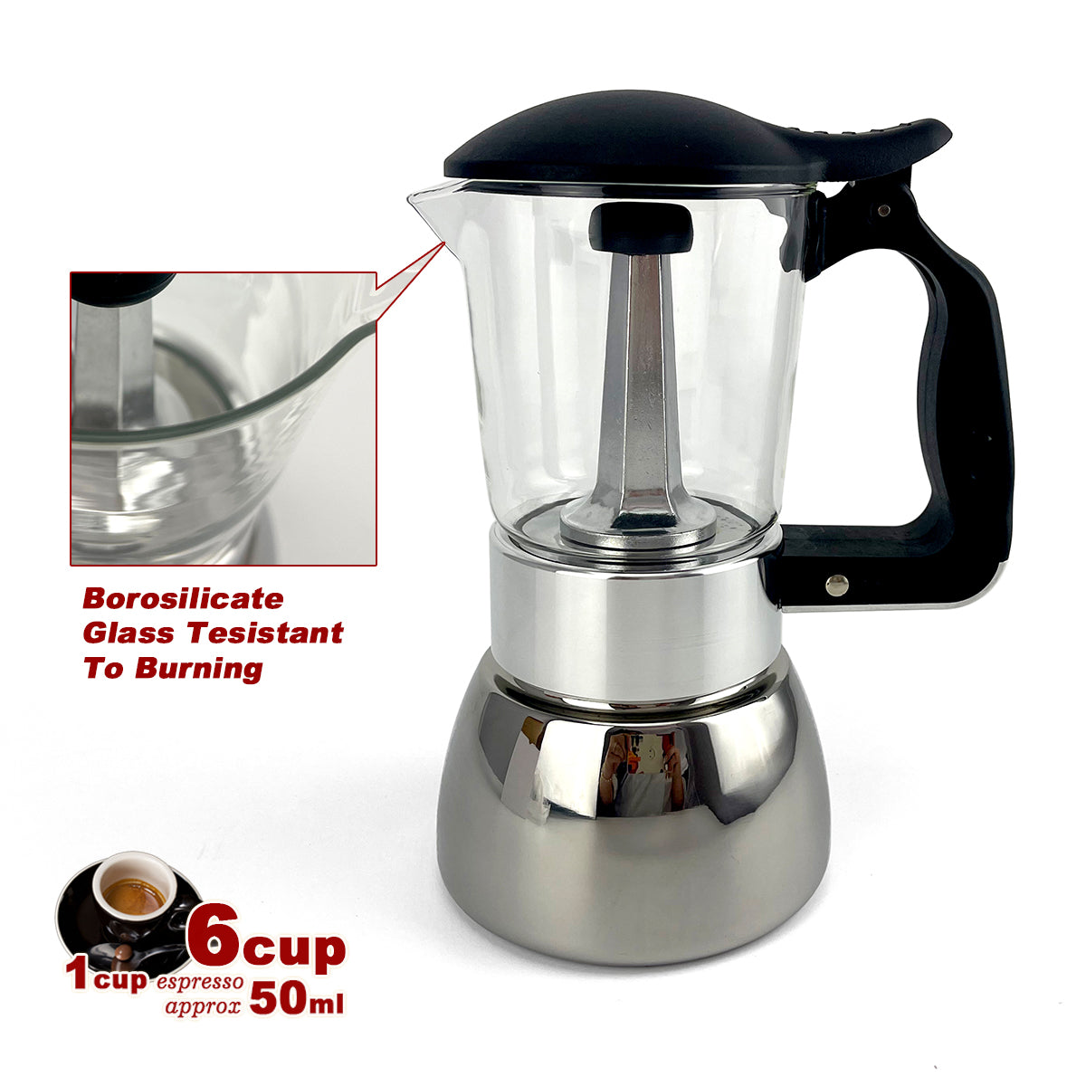 V891-ZY-COF-NOE-GLASS6CUP-W-X1-197162-00 Borosilicate Glass Stainless Steel Moka Pot Coffee Maker Italian Espresso 6Cups - Image 1