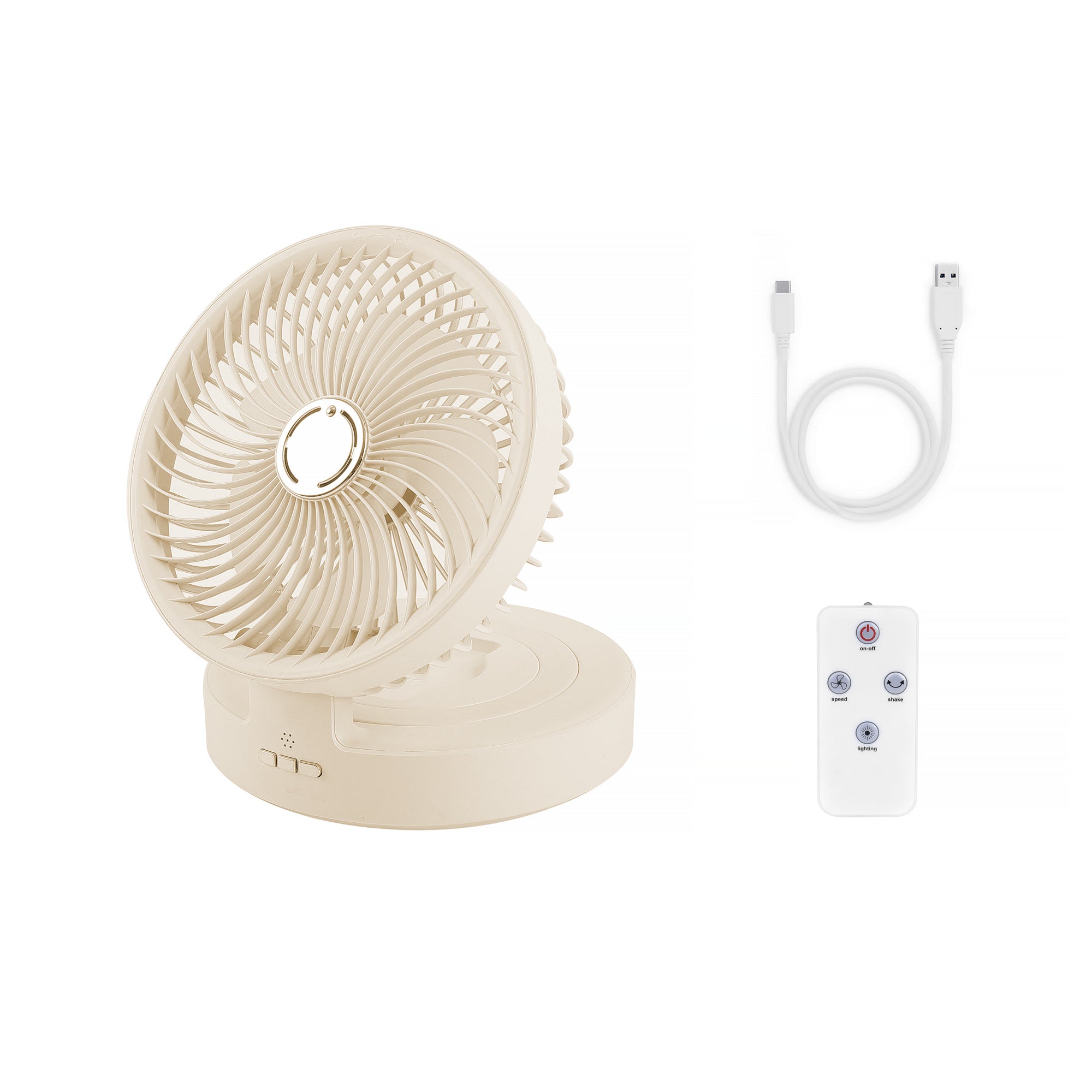 V915-EL0111-203357-00 USB Rechargeable Auto Oscillation Tilt Adjustable Cordless Fan with Remote Control and Night Light Wall Mountable - Image 1