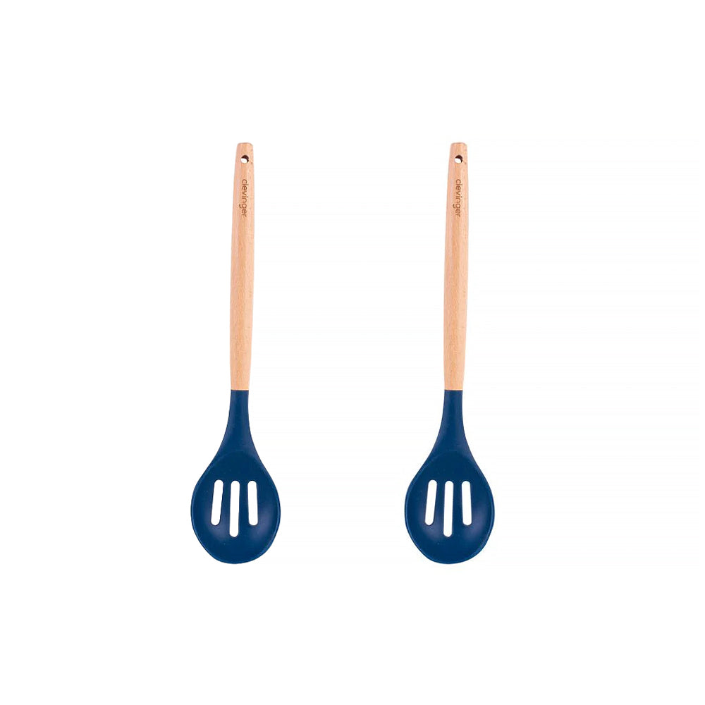V915-KU0250X2-203846-00 2pcs Beechwood & silicone slotted spoon navy - Image 1