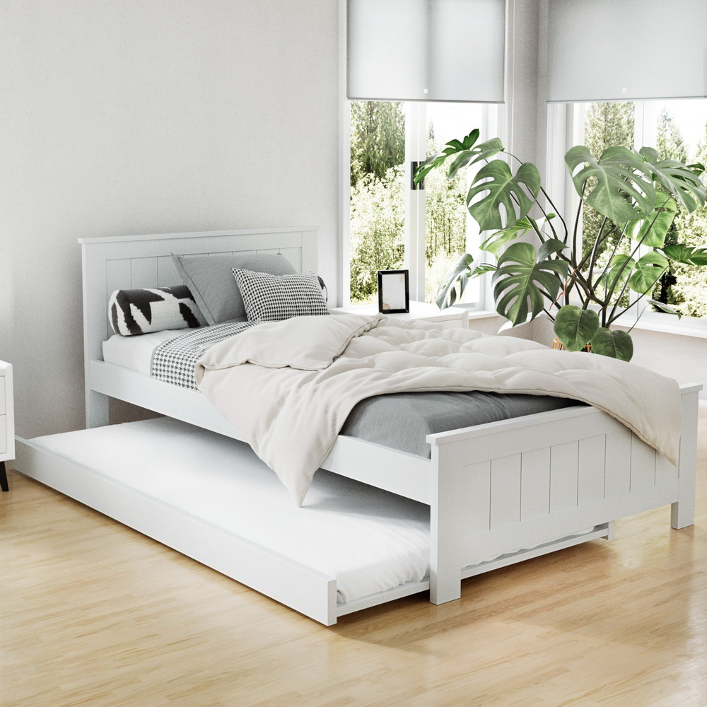 WBED-D-03KS-107-AB-15307-07 Artiss Bed Frame King Single Size Wooden Trundle Daybed White ELVIS - Image 1