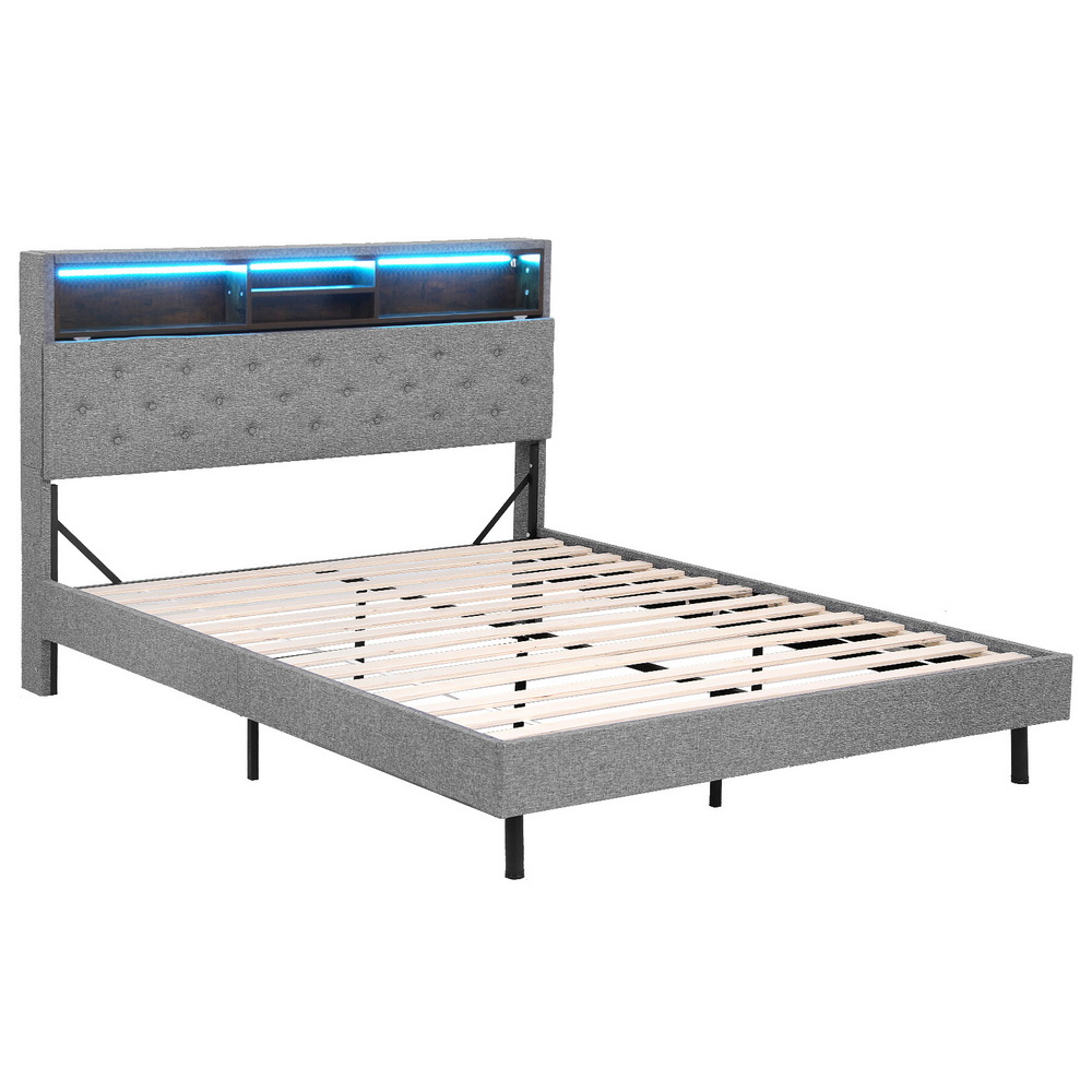 BFRAME-F-MIDNIGHT-Q-BK-ABC-202508141804-00 Artiss Bed Frame Queen Size LED Mattress Base Platform with Storage Shelf Hidden Storage Box Grey - Image 1