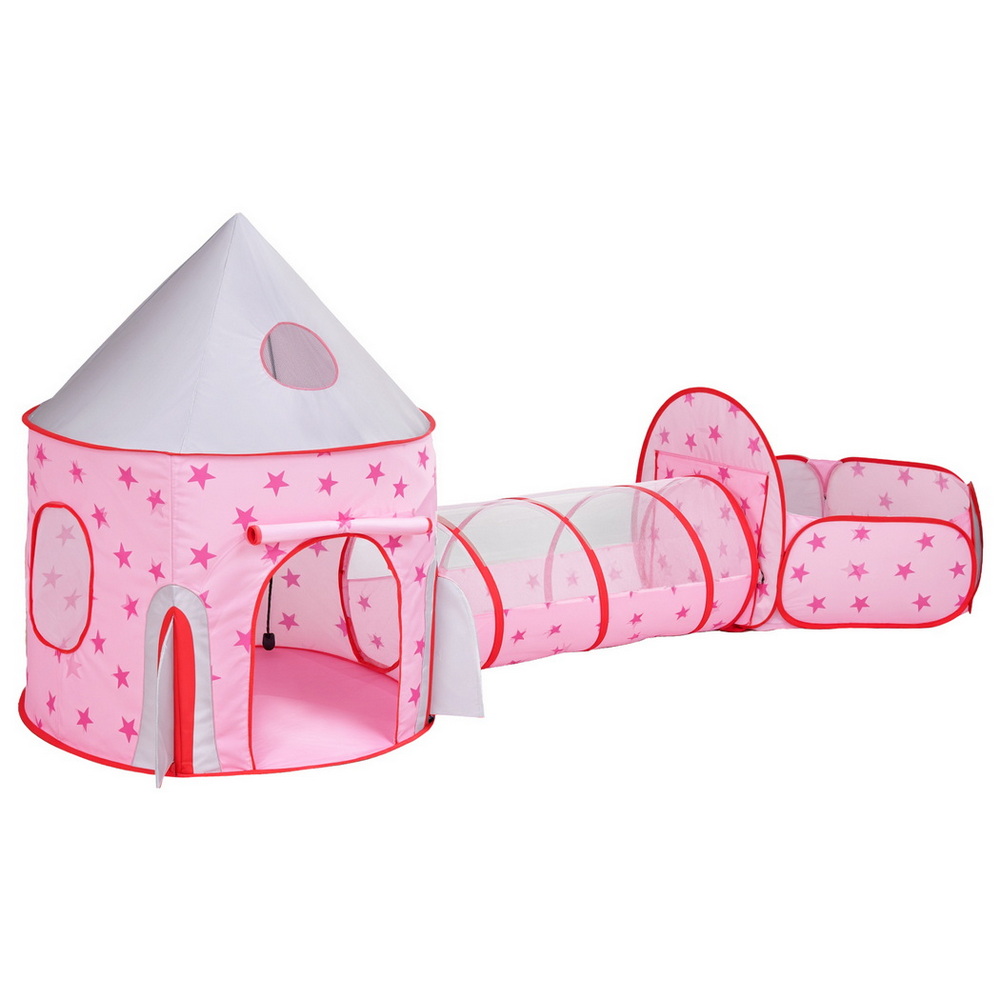 BPOOL-C-135-PK-202508271514-00 Keezi Kids Playhouse Play Tent Pop Up Castle Crawl Tunnel Basketball Hoop Pink - Image 1