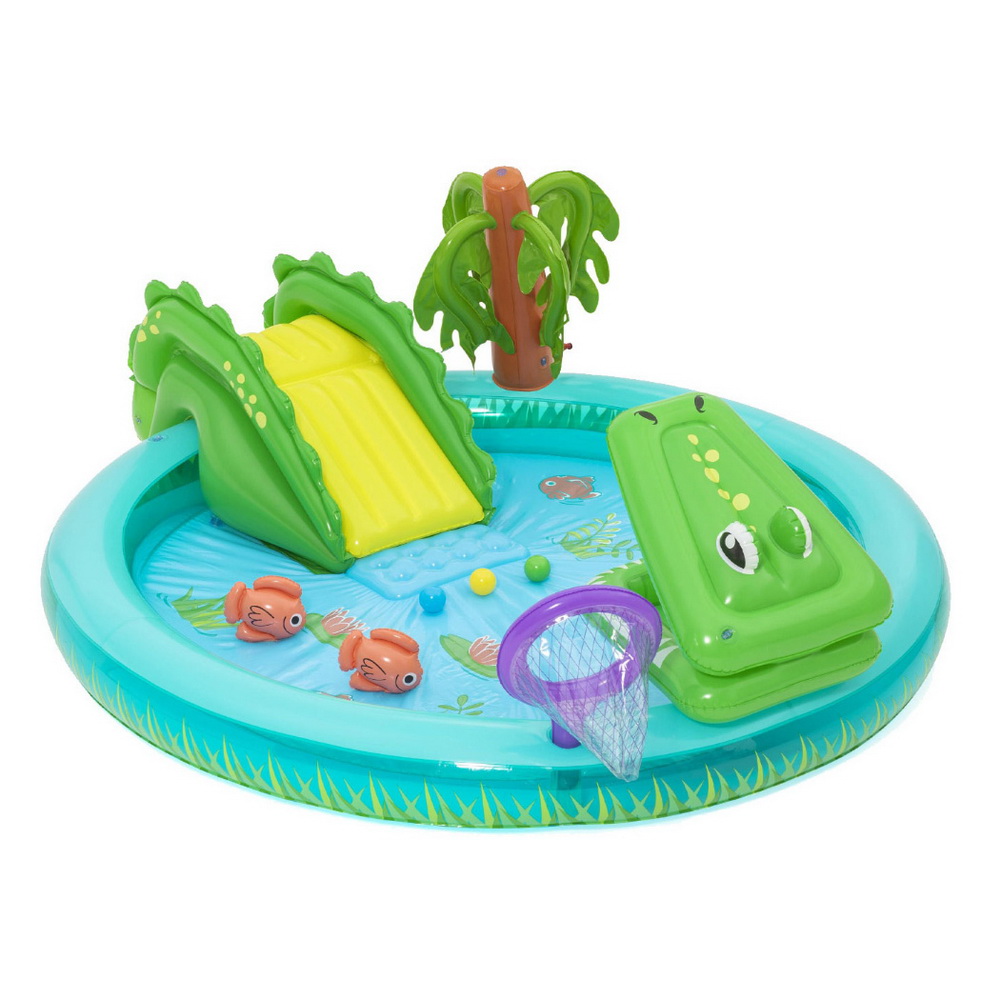 BW-POOL-PLAY-53166-202507181424-00 Bestway Kids Inflatable Splash Play Pool with Slide Ball Crocodile Fishing Net - Image 1