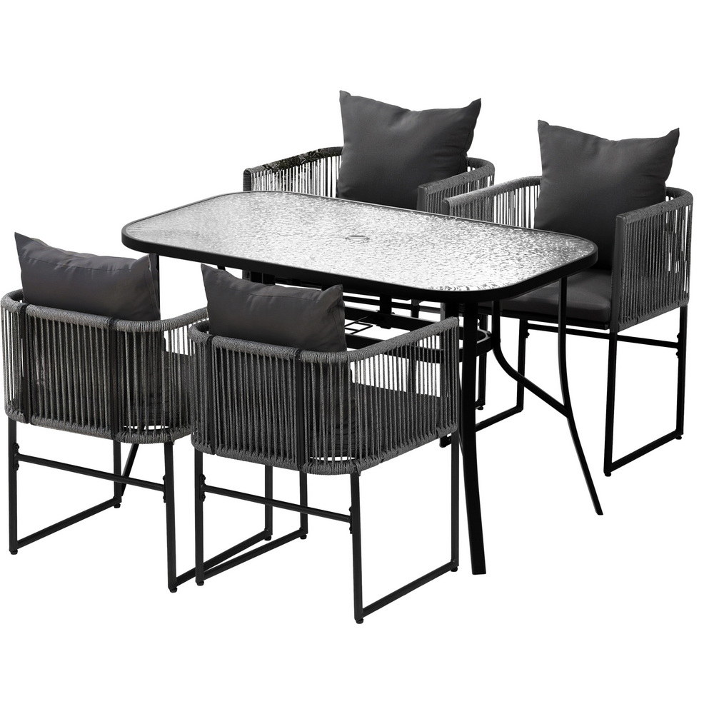 FF-DINING-ROPE-120-5PC-202509011318-00 Gardeon 5PCS Outdoor Dining Set Table and Chairs Rope Patio Furniture Garden Black - Image 1