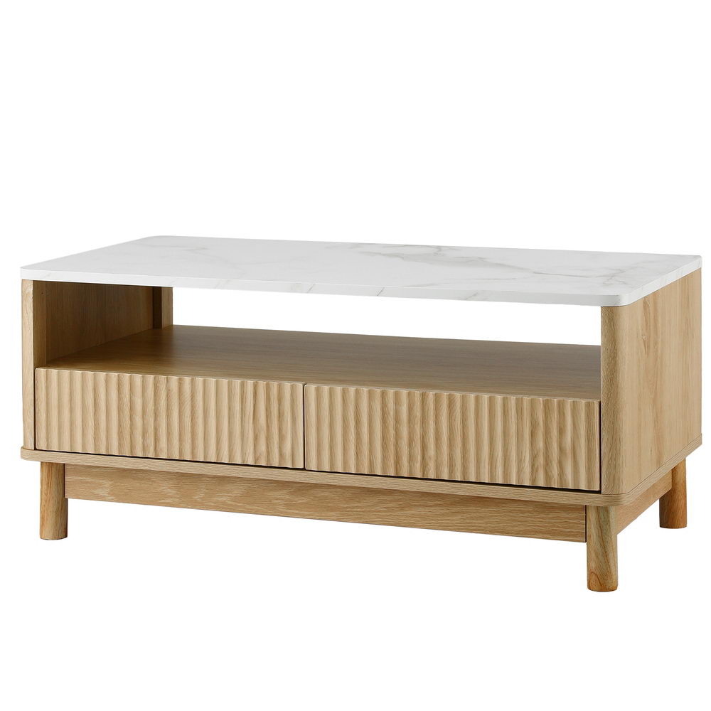 FUR-Z-COF-03-WHWD-202507291336-00 Artiss Coffee Table Drawer Shelf Marble Effect Wood&White - Image 1