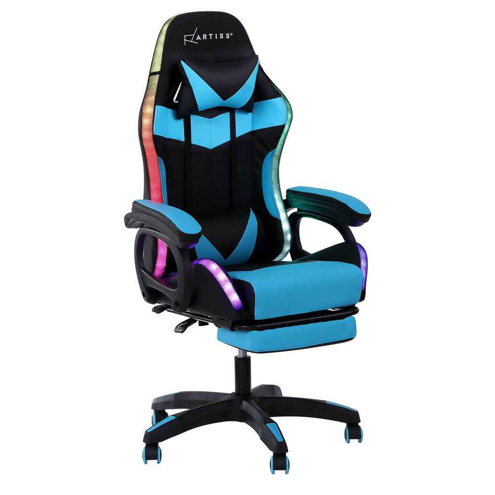 MOC-L-GC-8P-LED-CY-202508271806-00 Artiss Gaming Office Chair 12 RGB LED Massage Computer Work Seat Footrest Cyan - Image 1