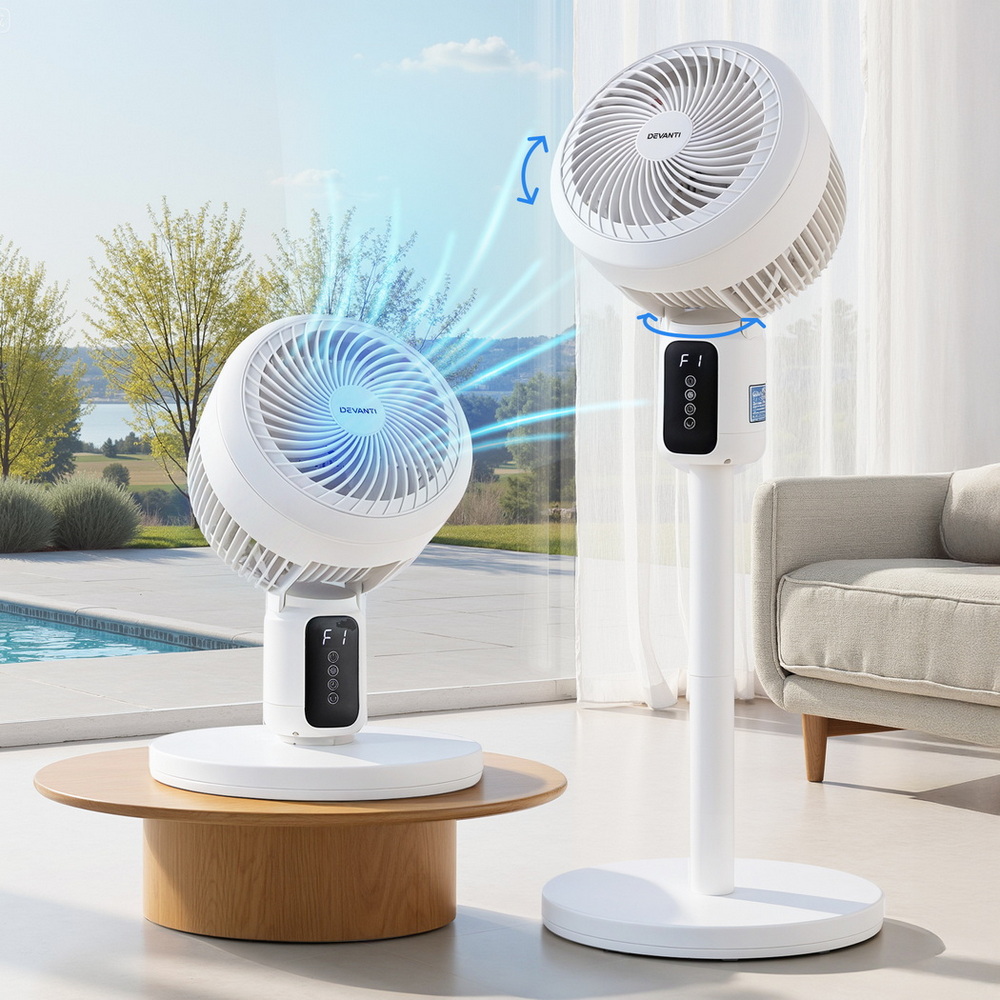 PF-RC-01R-WH-202509011846-00 Devanti Pedestal Fan W/ Remote 3 Speed 12H Timer Height Adjustable Cooling Fan - Image 1