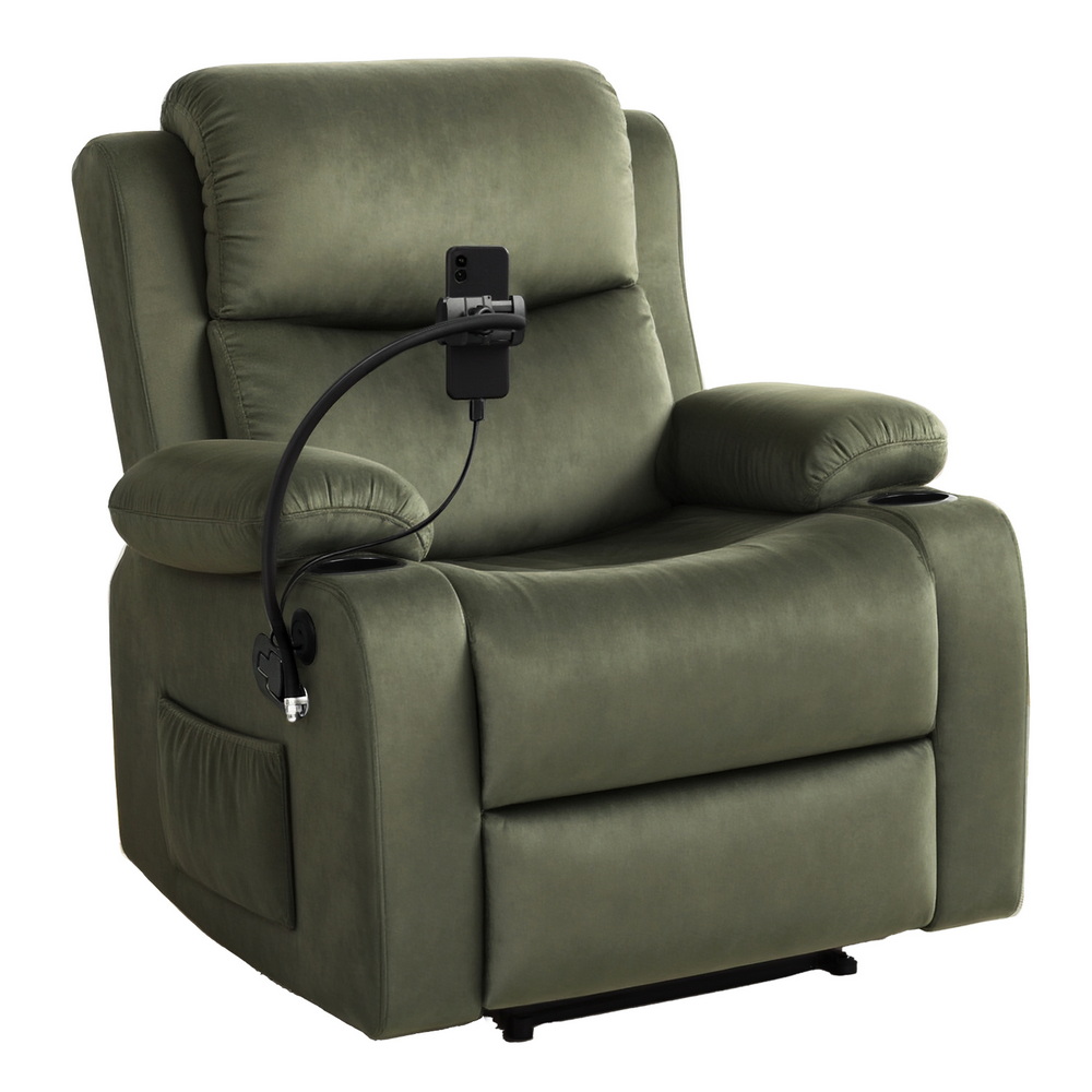 RECLINER-A18-VEL-GN-202507291218-00 Artiss Recliner Chair Heated Massage Chair with Phone Holder Velvet - Image 1