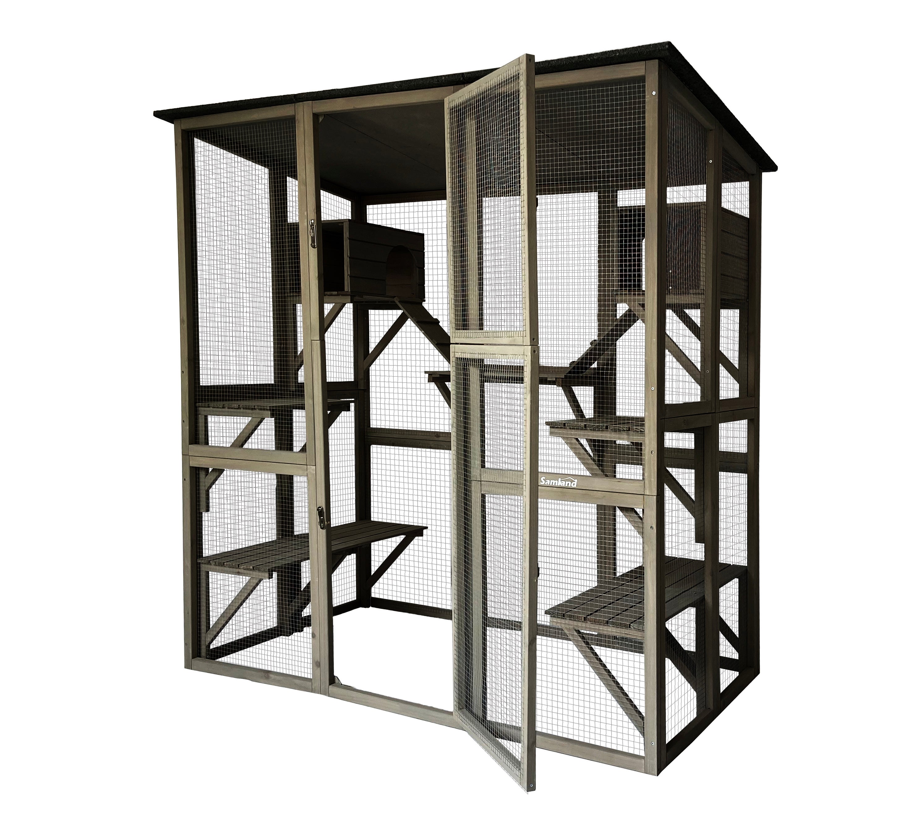 V1060-DCT2413-202508141945-00 Samland Wooden Cat Cage Walk in Cat Condo House Kitten Ferret Enclosure Cage - Image 1