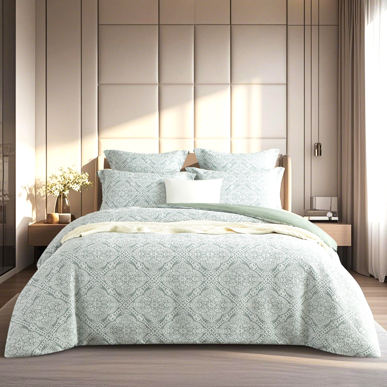V107-SH331285-202507250953-00 Mayfair Sage Jacquard Double Quilt Cover Set by Renee Taylor - Image 1