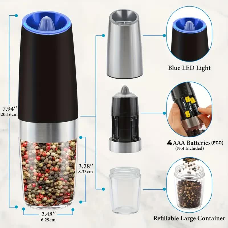 V1091-HJYMQ-1PCS-202509021550-00 Gravity Electric Salt and Pepper Grinder Set, Battery Powered LED Light One Hand Automatic Operation, Adjustable Coarseness Mill Grinders Shakers Black, Kitchen Gadgets Gift Ideas - Image 1