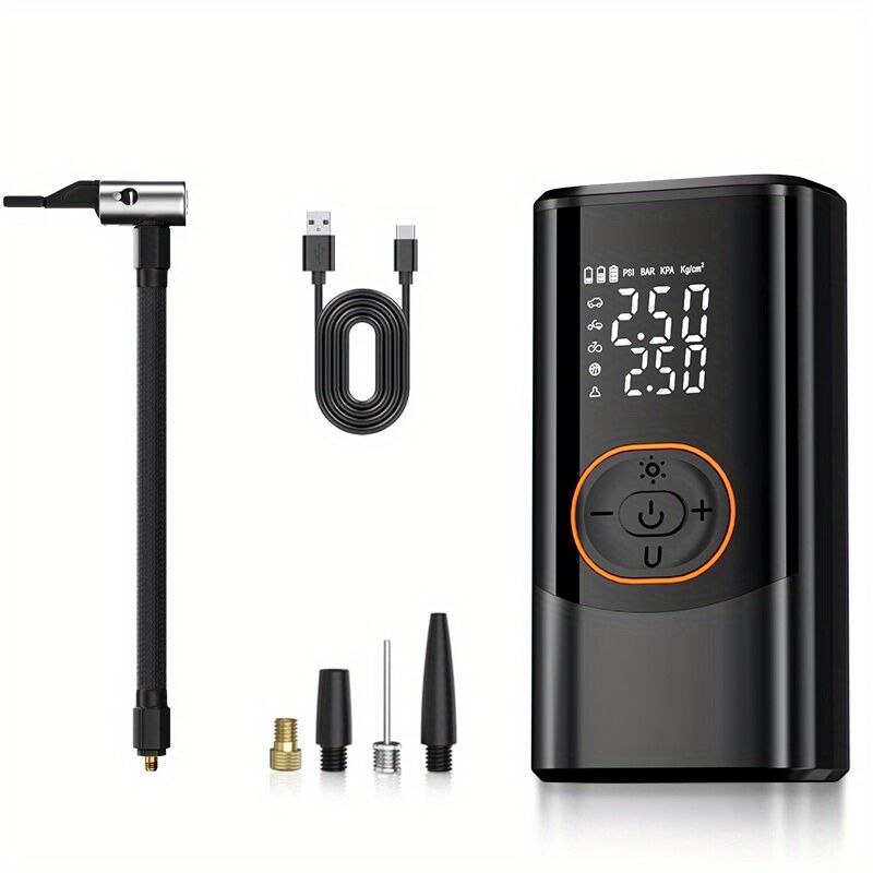 V1102-HYQB001-202509151524-00 Portable air compressor for tires with digital pressure gauge, 150PSI rechargeable battery, LED light, wireless bicycle tire pump for cars, motorcycles, bicycles, etc., black - Image 1