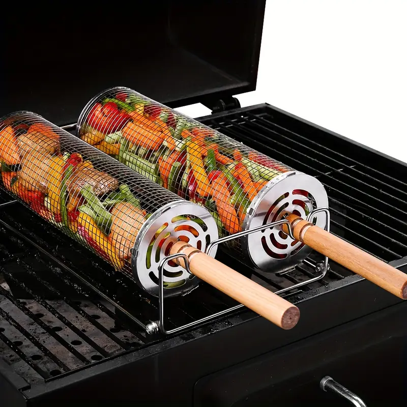 V1105-YASK-001-202509151536-00 2-Pack Stainless Steel Rotating Grill Baskets with Removable Wooden Handle – Durable 304 Mesh for Veggies, Prawns & More – Perfect for BBQ, Camping & Outdoor Cooking, Great Gift for Dad or Husband - Image 1