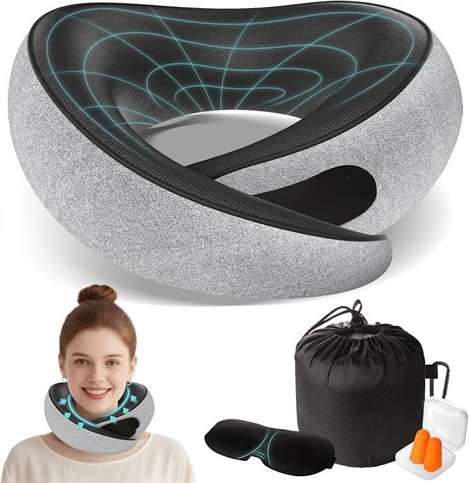 V1107-NECKPILLOW2-202509301704-00 Travel Neck Pillows for Airplanes - 360° Ergonomic Memory Foam Travel Pillow - Relief Neck Pain with Breathable Support for Long Flights, Car, Train & Office Use - Adults & Kids - Image 1