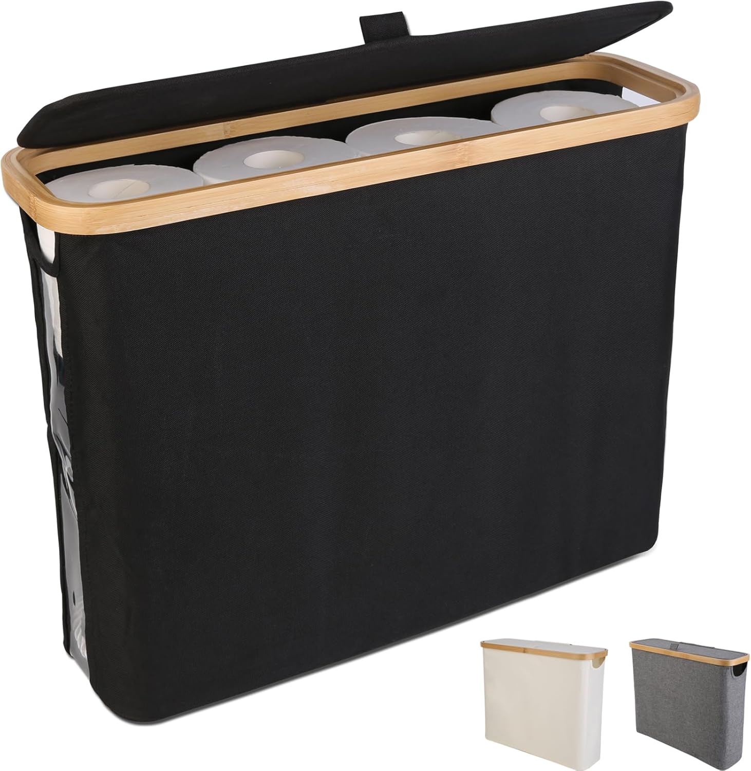 V178-36151-202507301355-00 CARLA HOME Toilet Paper Storage Basket Holds Up to 12 Rolls with Bamboo Lid and Handle for RV Closet (Black) - Image 1