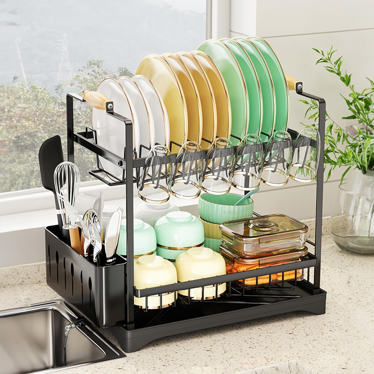 V178-36211-202507301345-00 CARLA HOME 2-Tier Large Dish Drying Rack with Drainboard, Utensil Holder, Glass Hooks & Cutlery Storage (Black) - Image 1