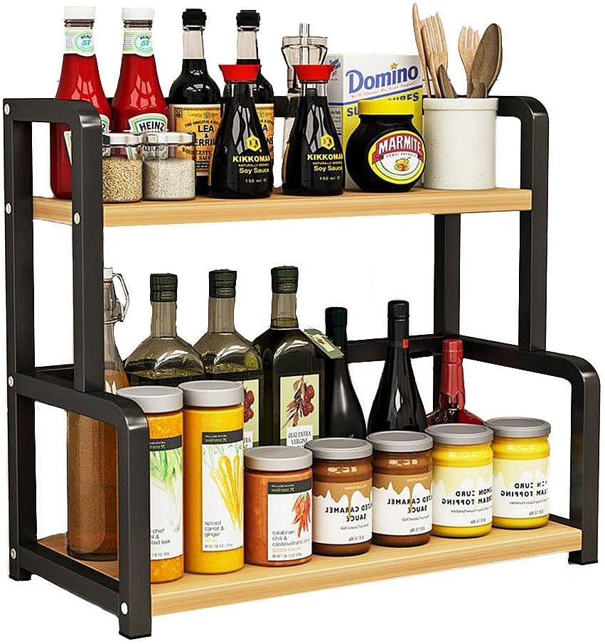 V178-36219-202507301345-00 CARLA HOME 2-Tier Wooden Kitchen Countertop Spice Rack for Storage of Condiments, Oils, Jars & Seasoning Bottles - Image 1
