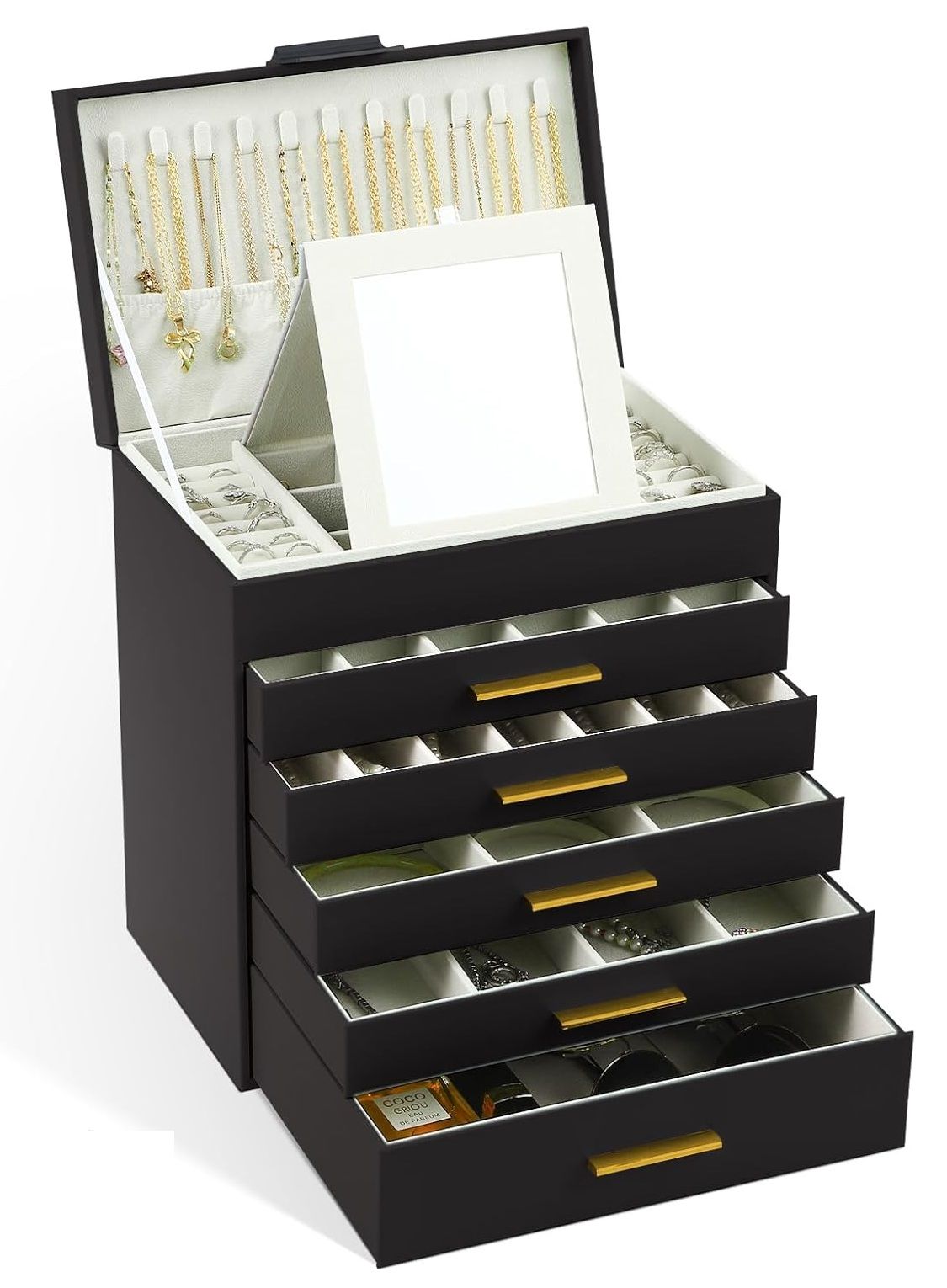 V178-36228-202507301341-00 CARLA HOME 6-Layer Large Jewelry Organizer Box for Women with Mirror, Drawers, Hooks & Dividers for Rings, Necklaces, Bracelets, Ideal Gift for Women (Black) - Image 1