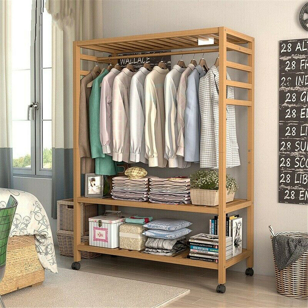 V178-66736-202508050953-00 3-Tier Wooden Clothes Rack Rolling Garment Stand w/ Hooks - Image 1