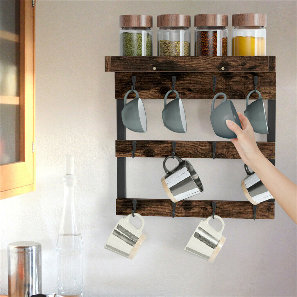 V178-66792-202508051030-00 Wooden Wall Mounted Coffee Mug Rack 12 Hooks Cup Holder - Image 1